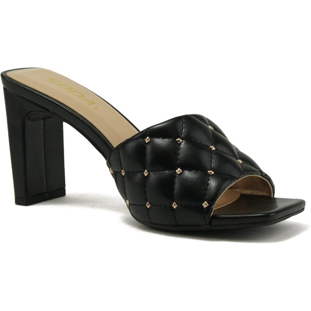 Women's Diamond Quilted Stud Block Heel Slide Sandals Black Open Toe Size 6.5